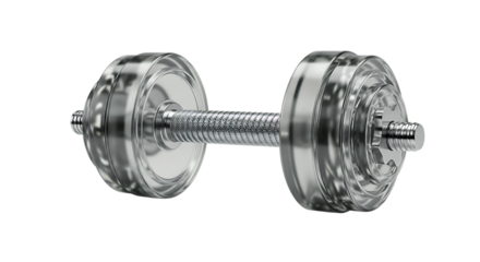 A detailed close up shot of a clear crystal dumbbell with intricate patterns on its weight plates and handle isolated on white background