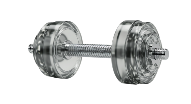 A detailed close up shot of a clear crystal dumbbell with intricate patterns on its weight plates and handle isolated on white background