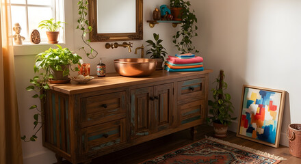 Stylish bathroom with wooden vanity, copper sink, plants, and colorful abstract art