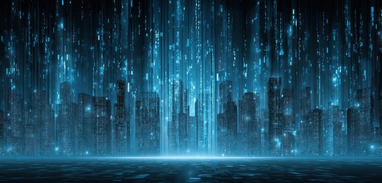Abstract city skyline with glowing digital rain. Futuristic cityscape with a tech-inspired, electric blue aesthetic and abstract texture - Powered by Adobe