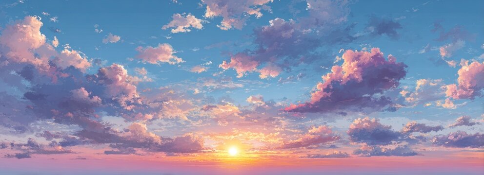 Sunrise hues paint a serene sky, clouds scattered like cotton candy above a horizon aglow in soft pink and golden light
