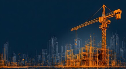 Fototapeta premium A detailed architectural rendering of a construction site with a prominent crane and a modern skyline.