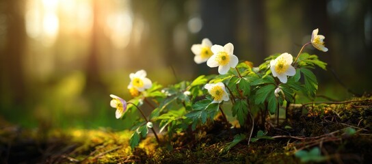 Delicate white flowers with yellow centers grow on a mossy surface in a sunlit forest, with soft focus background