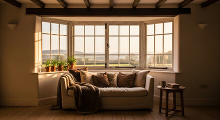 Fototapeta premium Sunlit Window View of a Comfortable Sofa in a Charming Cozy Room Scene