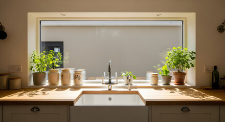 Sunny Kitchen Interior With Sink, Plants, Jars, And Natural Light From Window