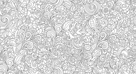Intricate hand-drawn floral swirls and leaves pattern for coloring books or elegant background design