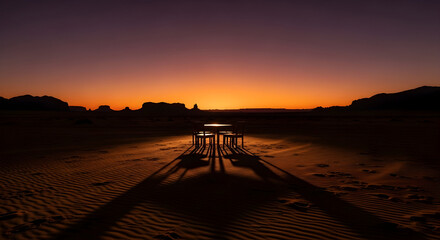 Sunset over desert landscape with silhouetted mountains and a table and chairs