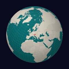 Austria on the map. Globe centered to Austria. Country location on the world map. Teal Pale Mint color palette. Globe with countries, meridians and parallels. Stylish vector illustration.