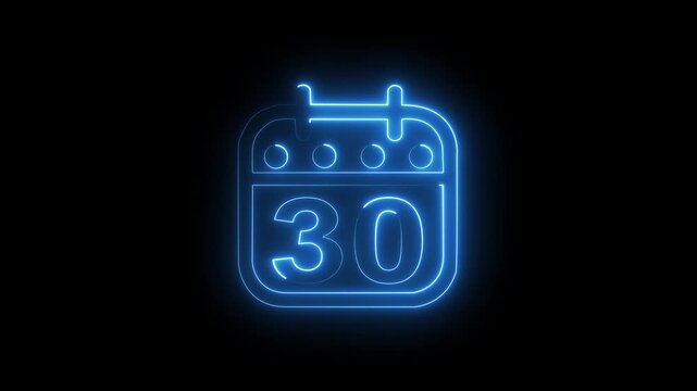 30 Days countdown neon calendar animation. Glowing blue neon sign on black background. 4K Video motion graphic animation
