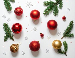 Festive Christmas background with red and gold baubles, snowflakes, pine branches, and berries on a white surface, creating a minimalist holiday flat lay design