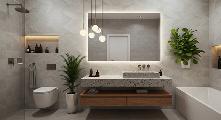 bathroom featuring terrazzo sink, teak floating vanity, indoor greenery