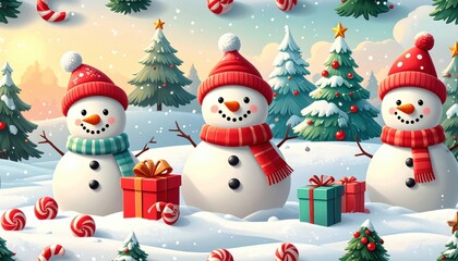 Playful cartoon-style Christmas illustration with snowmen, decorated trees, candy canes, and colorful gift boxes in a snowy winter landscape