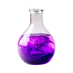 Isolated glass laboratory flask containing vibrant purple liquid solution on black