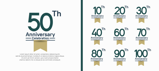 set of anniversary logo style with golden ribbon. vector design green color for celebration