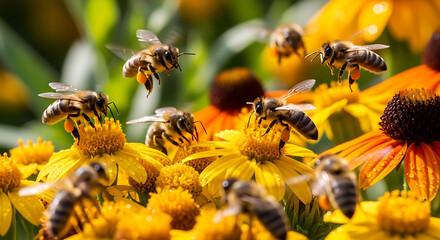 Closeup of honey bees collecting nectar from bright yellow flowers in a sunny garden, showcasing natures pollination process