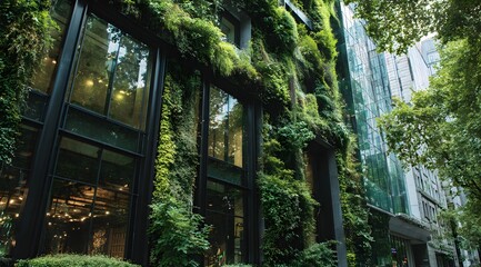 A modern building facade adorned with a lush green vertical garden, contrasting with a neighboring glass-fronted structure, evokes a sense of urban nature integration.