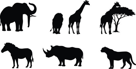 African wildlife silhouette vector set, elephant, lion, giraffe, zebra, rhino, cheetah, safari animals, jungle nature design, wild illustration