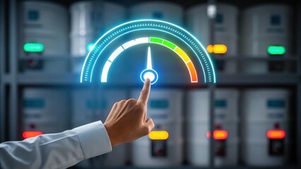 Green hydrogen industrial process. A hand interacts with a digital gauge, indicating levels among storage containers in a technical environment.