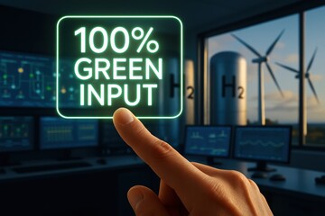 Green hydrogen industrial process. Innovative technology display showcasing 100% green energy input with wind turbines in the background.