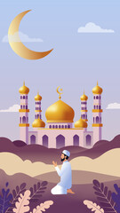 Muslim man praying infront of a mosque in desert