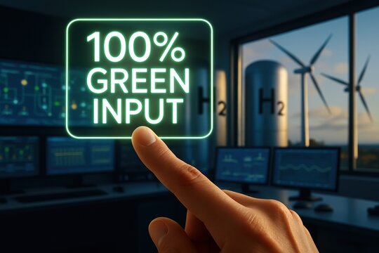 Green hydrogen industrial process. Innovative technology display showcasing 100% green energy input with wind turbines in the background.