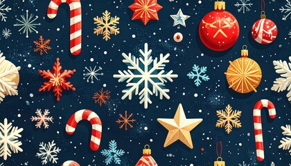 Festive seamless Christmas pattern featuring snowflakes, stars, candy canes, baubles, and holiday decorations in a playful cartoon style on a teal background