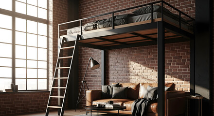 Stylish Loft Bedroom Interior Design Featuring Brick Wall, Leather Sofa And Ladder