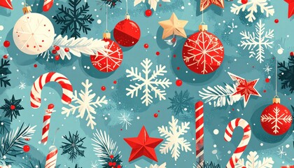 Festive seamless Christmas pattern featuring snowflakes, stars, candy canes, baubles, and holiday decorations in a playful cartoon style on a teal background