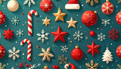 Festive seamless Christmas pattern featuring snowflakes, stars, candy canes, baubles, and holiday decorations in a playful cartoon style on a teal background