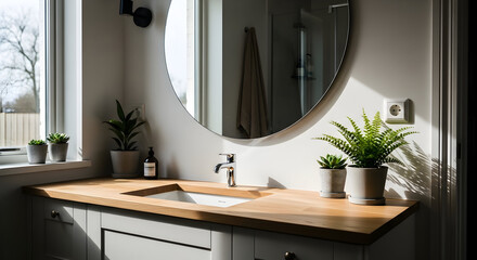 Stylish Modern Bathroom Interior Featuring Plants and Wooden Countertop With Natural Light