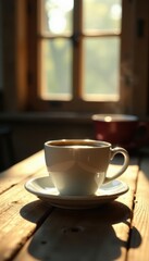 Obraz premium Coffee cup sits on rustic wooden table, sunlit Wednesday morning , day, happy