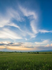 Fototapeta premium Soft orange light sunset on the sky in the grassland flower fields