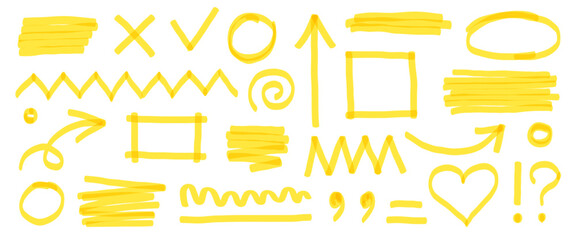 Highlight marker pen set. Hand drawn yellow color highlight with underline, heart, and pen sketch arrow element. Scribble circle shape, check mark sign and dry paintbrush texture. Vector illustration