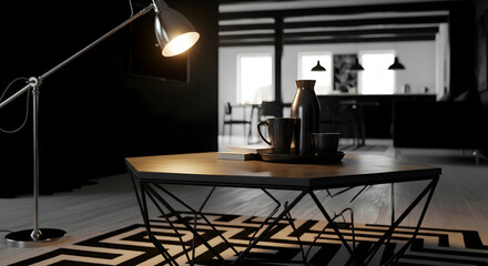 Stylish Modern Living Room Interior with Lamp, Table, Decor, and Geometric Carpet
