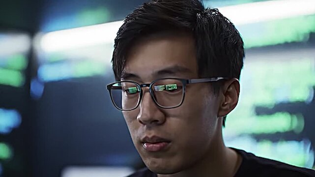 Young Asian software developer coding at computer with code reflection on glasses