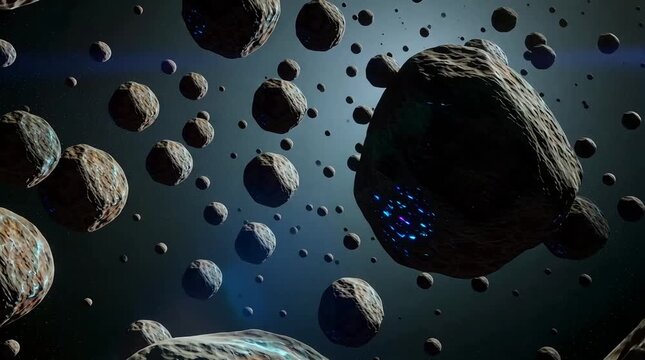 Dynamic asteroid field showcasing rugged celestial bodies with glowing blue energy, vast cosmic expanse for science fiction and space exploration narratives.