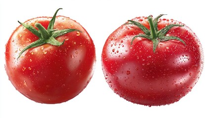 Two fresh, vibrant red tomatoes, covered in water droplets, on a white background
