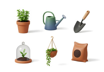 Urban gardening and indoor plants. 3d icon set.