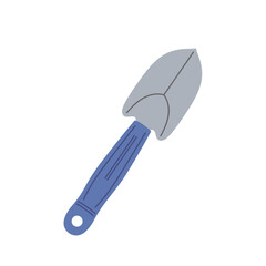 Garden hand trowel with a blue handle resting on a plain background