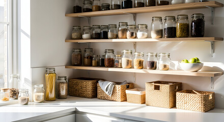 Stylish Pantry Organization Featuring Jars, Baskets and Fresh Food For Interior Design