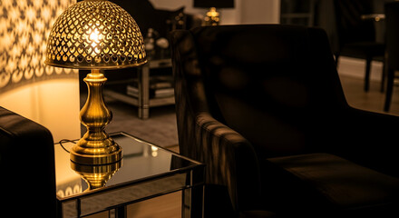 Stylish Table Lamp Illuminates Mirrored Surface, Evoking Warmth And Sophistication In The Interior