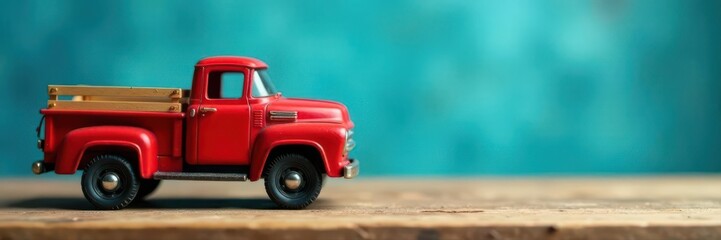 Rustic red toy truck, wooden table, blue backdrop, winter, vintage