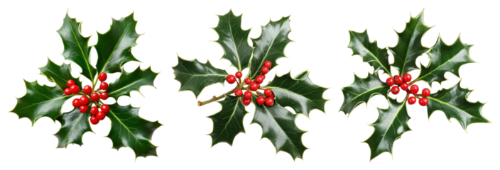 PNG Festive holly leaves with berries, element set on transparent background