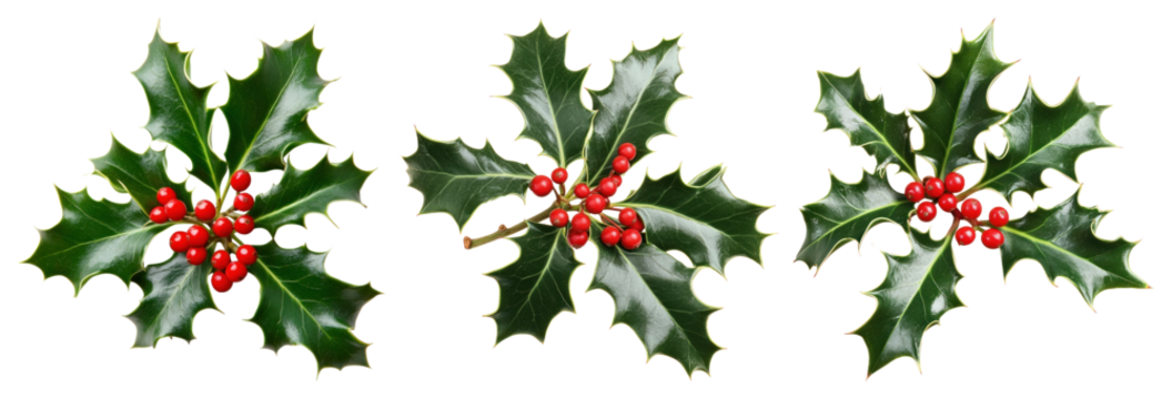 PNG Festive holly leaves with berries, element set on transparent background
