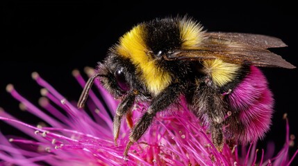 Bumblebee with pink pollen sacks on pink flower, black background, detailed, close-up insect photography