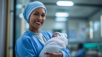 Smiling nurse holding newborn baby in hospital maternity ward.