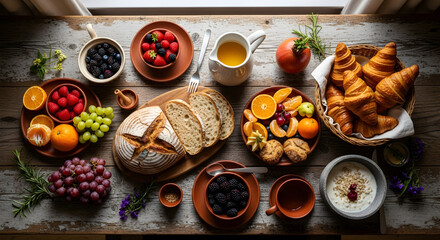 Sumptuous Breakfast Spread: Fresh Fruit, Pastries, Bread Arranged on Rustic Wooden Table