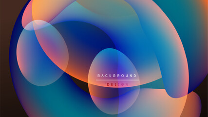 Abstract fluid shapes overlap, creating vibrant color gradients. Background is dark, emphasizing luminous forms. Modern design element.