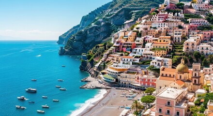 Naklejka premium Colorful Coastal Village with Hillside Buildings and Blue Sea in Sunny Mediterranean Setting