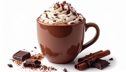 A delicious cup of rich hot chocolate topped with whipped cream, chocolate shavings, and a side of cinnamon sticks on a white background